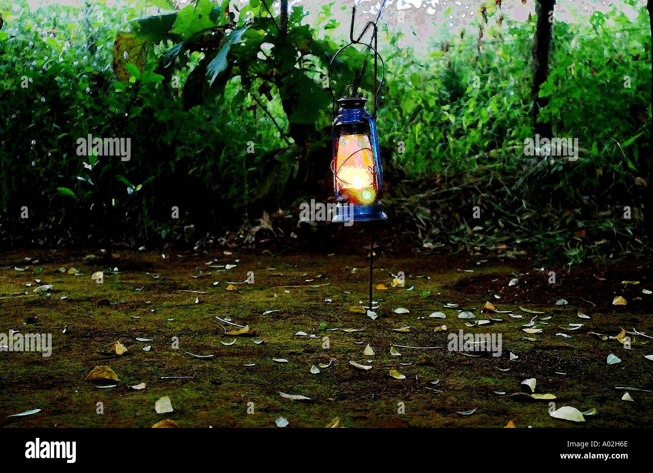 Kerosene light energy lamp in forest jungle retreat outing bombay mumbai india Stock Photo