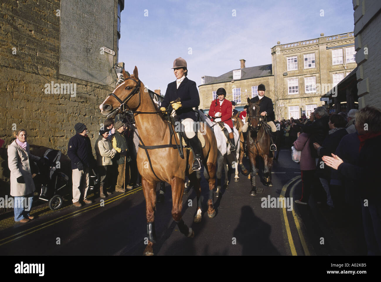 Riders gather on Boxing Day in the market town of Ilminster Somerset Stock Photo
