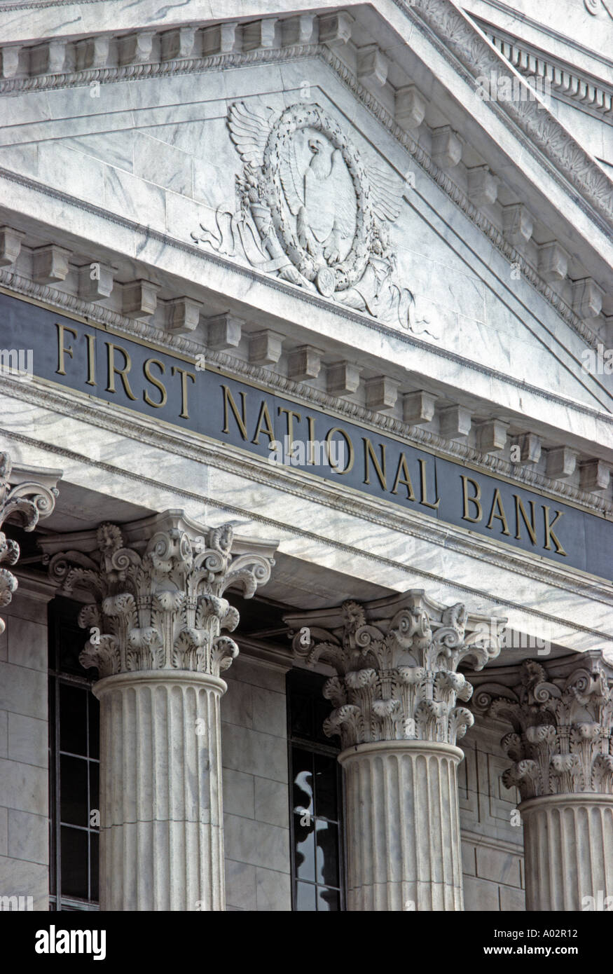 First national bank Greek revival architecture with decorative marble columns Stock Photo
