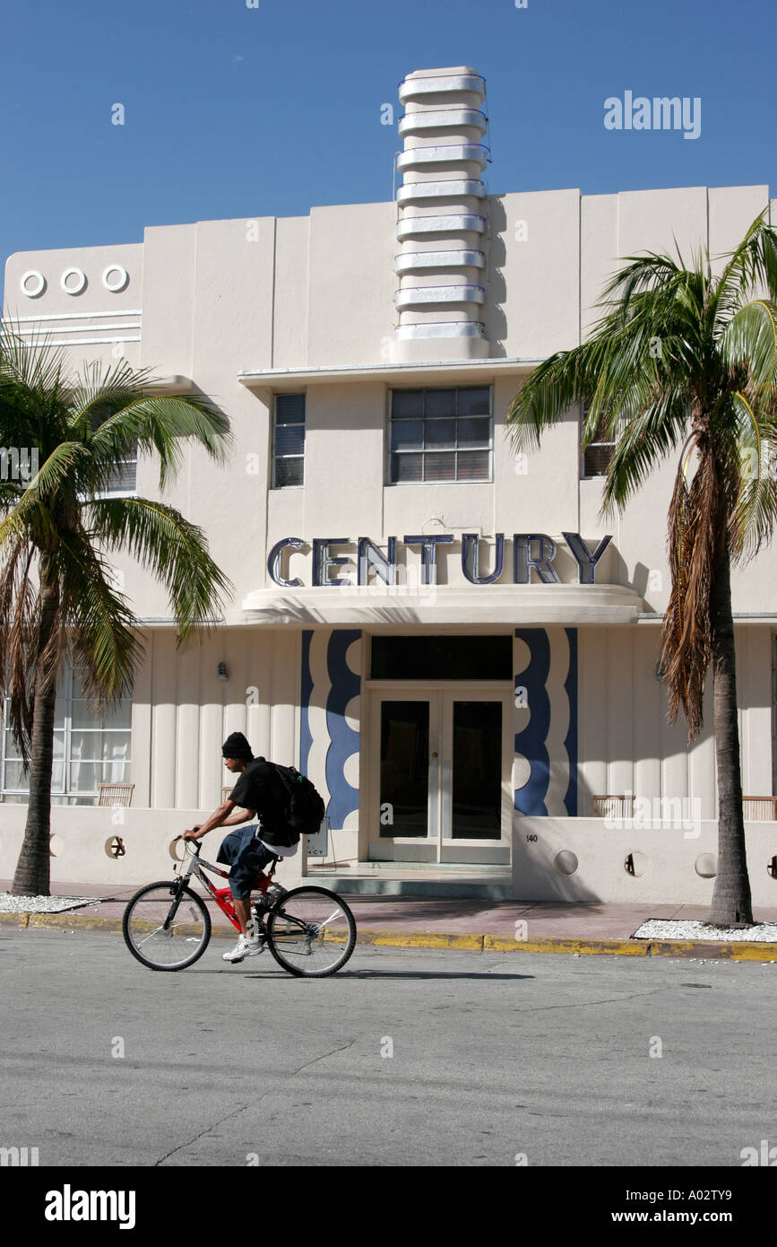 Miami Beach Florida,Ocean Drive,Century,hotel hotels lodging inn motel motels,Art Deco,bicycle bicycles bicycling riding biking rider riders bike bike Stock Photo