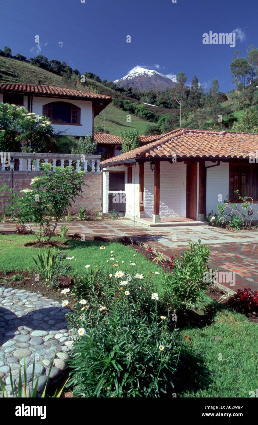 Villa Resort and Volcano near Banos and Tungurahua Volcano, Andes, Ecuador, South America Stock