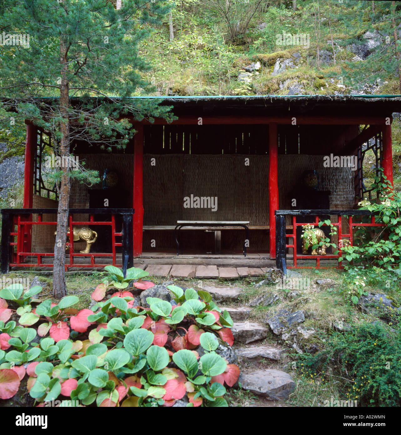 Oriental summerhouse with red paintwork and underplanted bergenias in country hillside garden Stock Photo