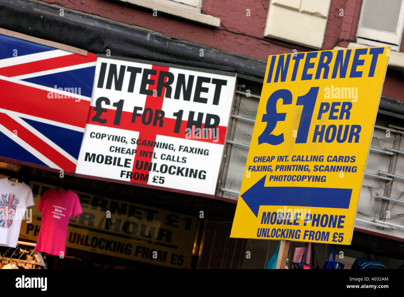 signs on Oxford Street London advertising internet access Stock Photo