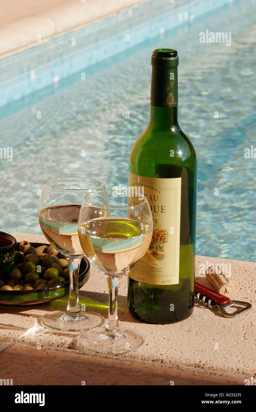 Glass of White Wine with Olives by the Swimming Pool. Stock Photo