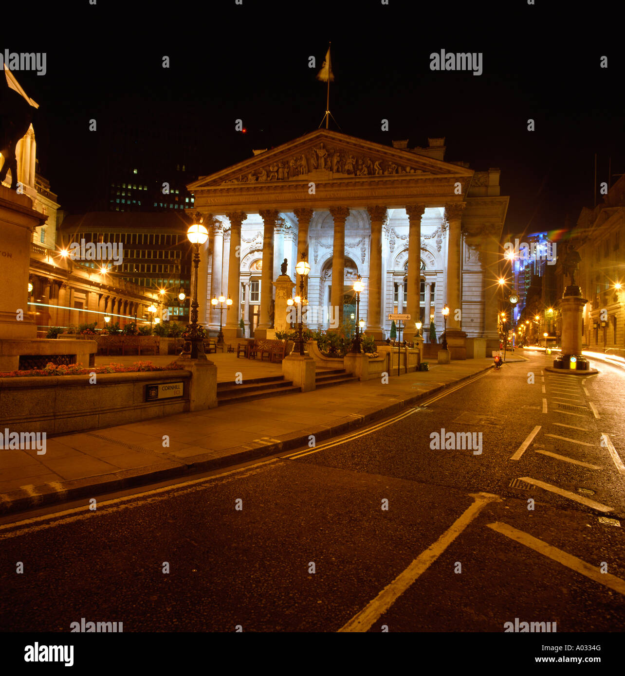 The Royal Exchange, London, Illuminated at Night. Stock Photo