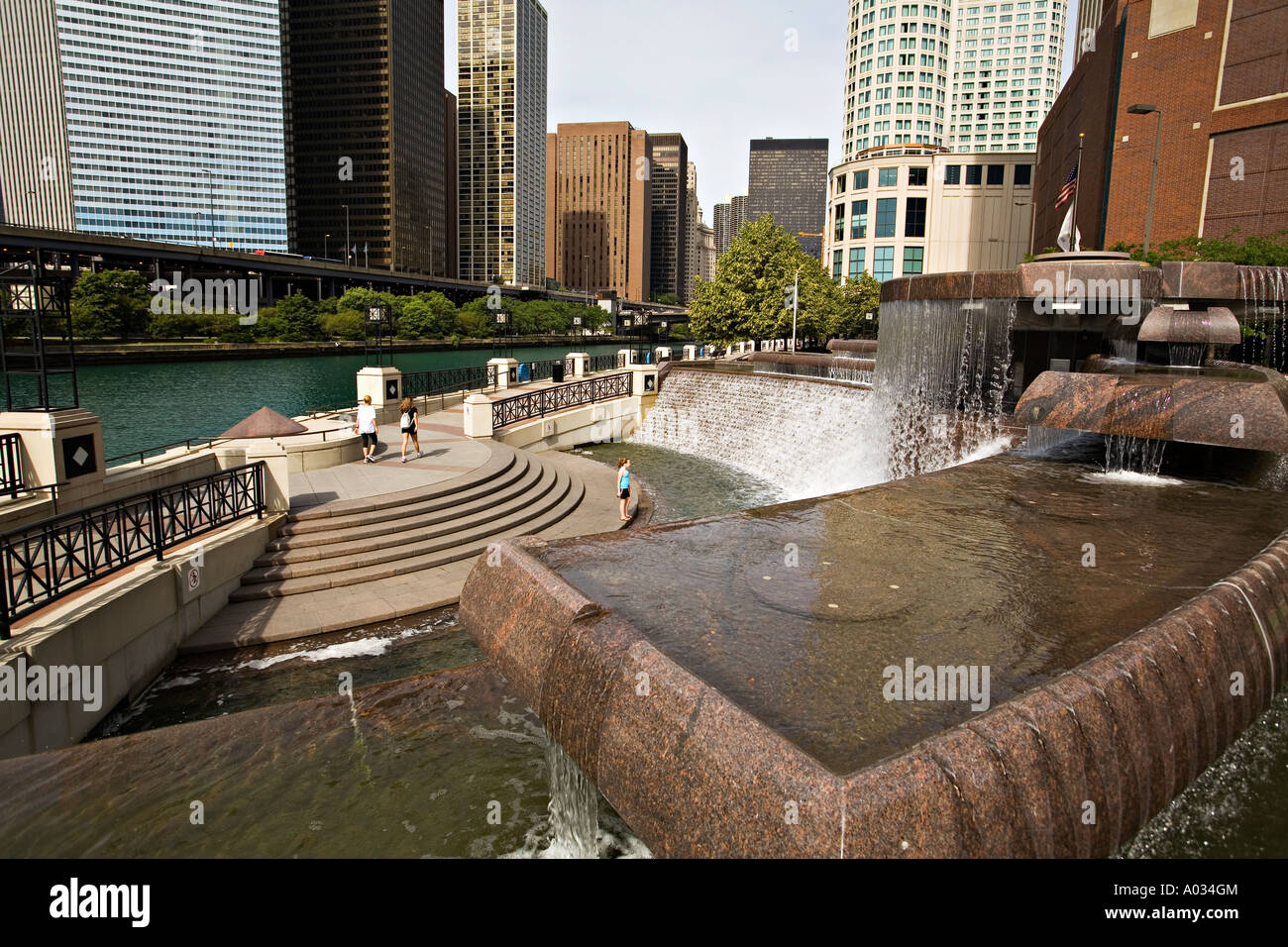 ILLINOIS Chicago Centennial Plaza and Fountain along Chicago River