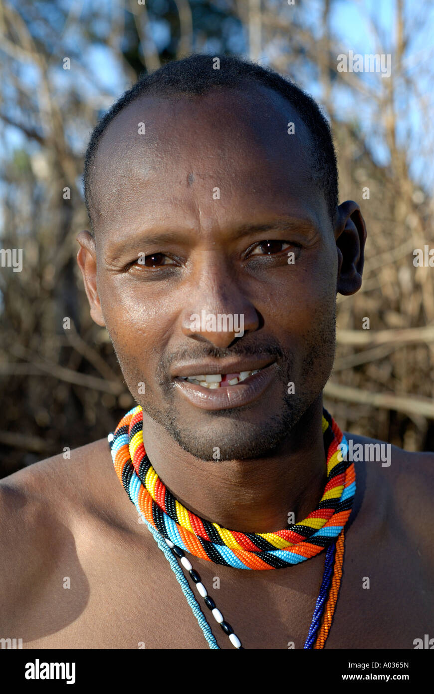 Samburu warrior with tribal bead decorations in Nyiru Mountain village ...