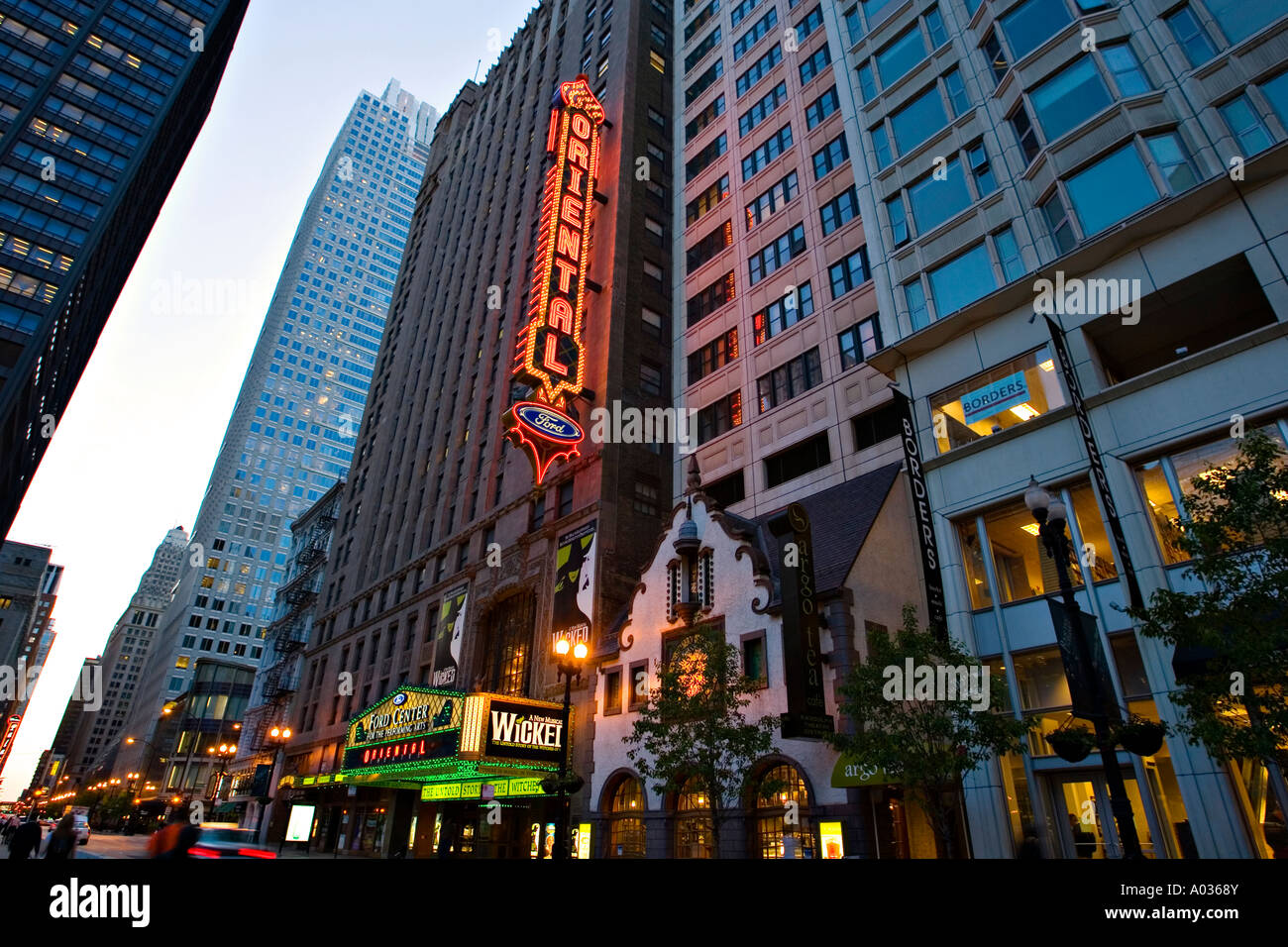 ILLINOIS Chicago Wicked broadway show marquee on Ford Oriental theater on Randolph street Theater district at night Stock Photo