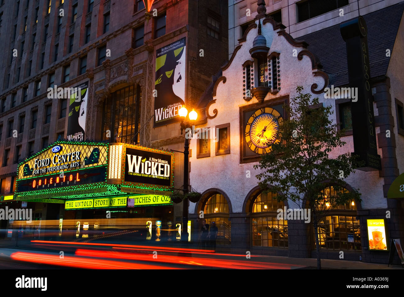 ILLINOIS Chicago Wicked broadway show marquee on Ford Oriental theater on Randolph street Theater district at night Stock Photo