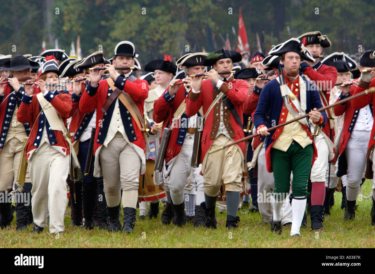 British fife and drum corps take the field in a reenactment of the