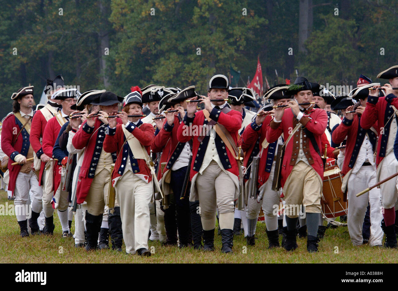British fife and drum corps take the field in a reenactment of the surrender at Yorktown Battlefield Virginia. Digital photograph Stock Photo