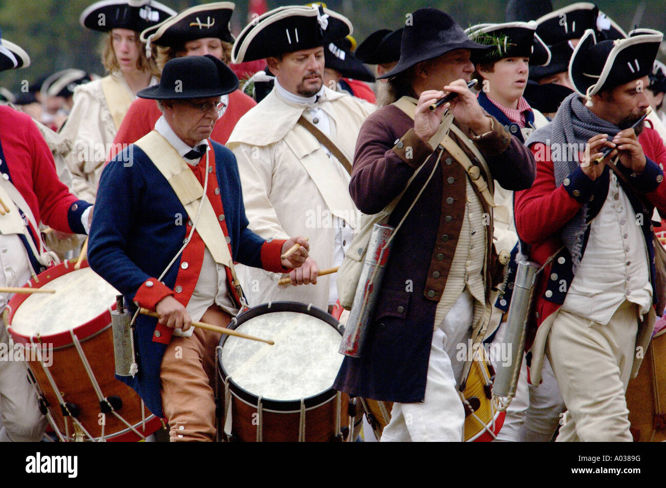 Fife and drum corps take the field in a reenactment of the surrender at Yorktown Virginia. Digital photograph Stock Photo