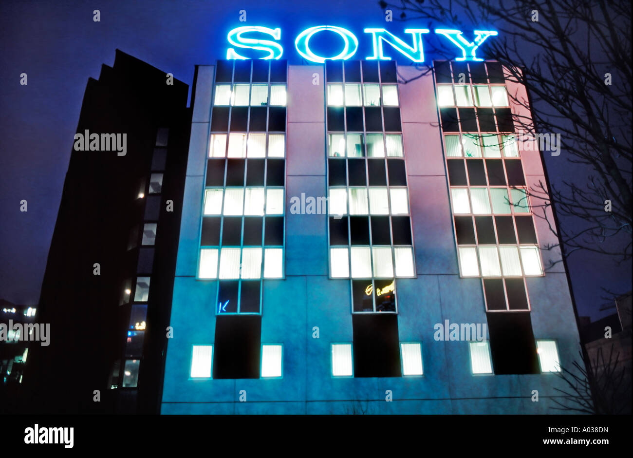Paris France, Clichy, Corporate Buildings "Sony Corp" Headquarters Facade,  Lit up Windows at Night, modern architecture, office night building lights  Stock Photo - Alamy