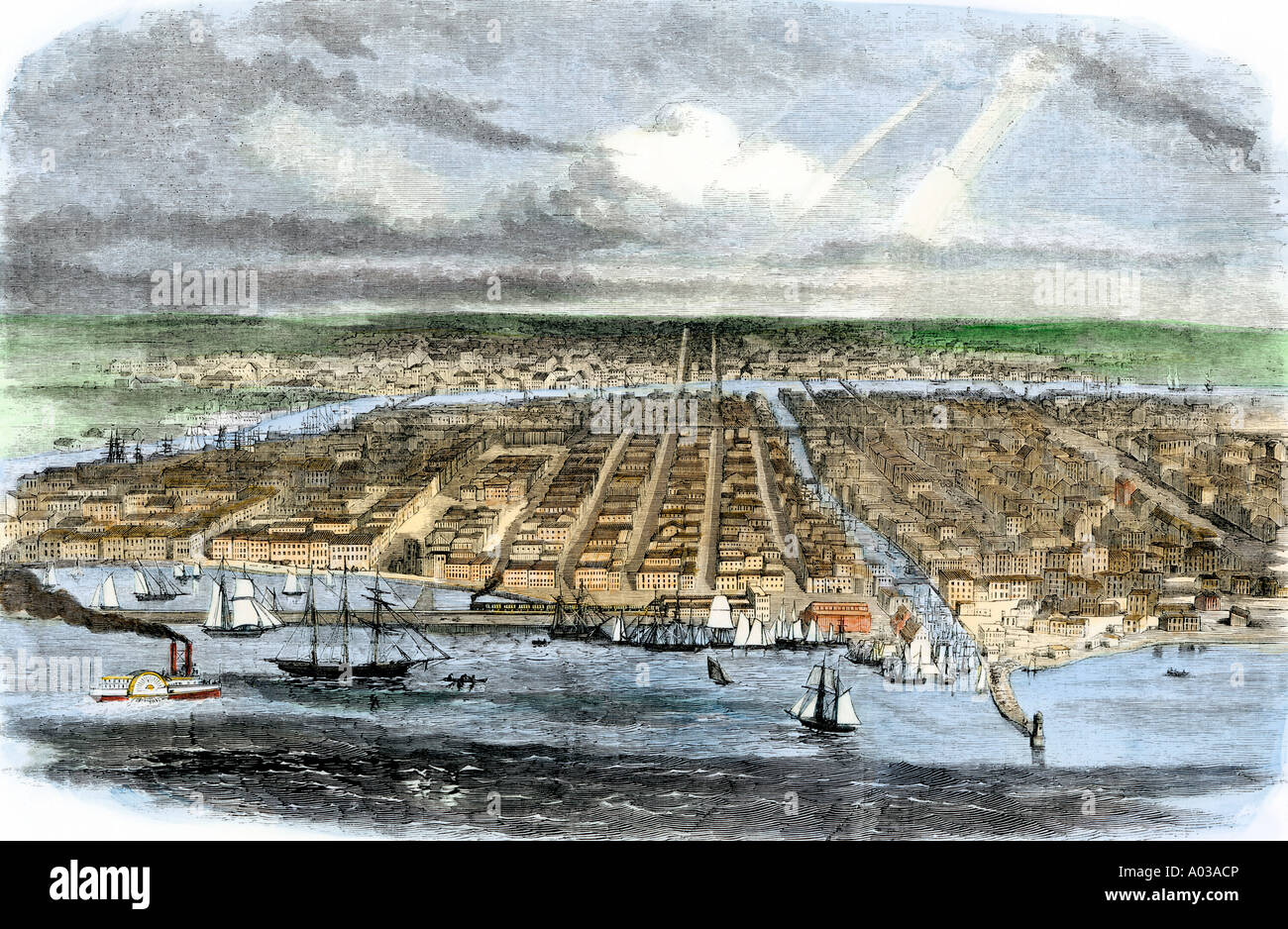 City of Chicago looking west from Lake Michigan 1860. Hand-colored woodcut Stock Photo