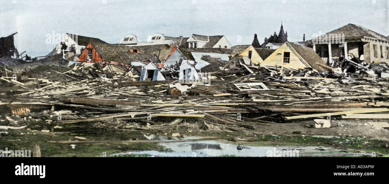 Hurricane devastation in a residential area of Galveston Texas 1901. Hand-colored halftone of a photograph Stock Photo