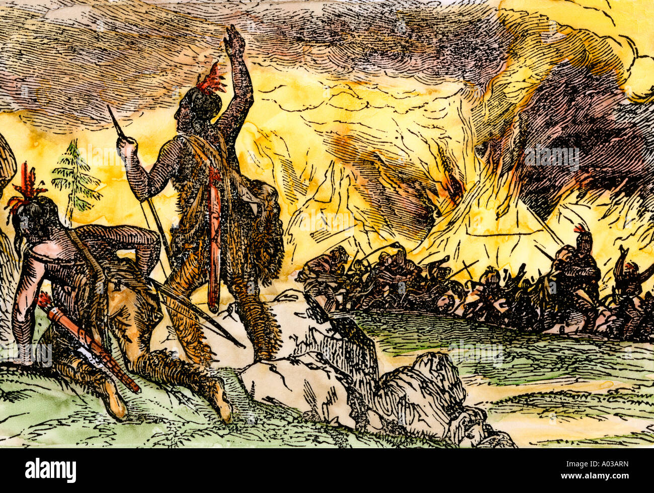 Richard Grenville's men burning a Native American village Roanoke Colony 1585. Hand-colored woodcut Stock Photo