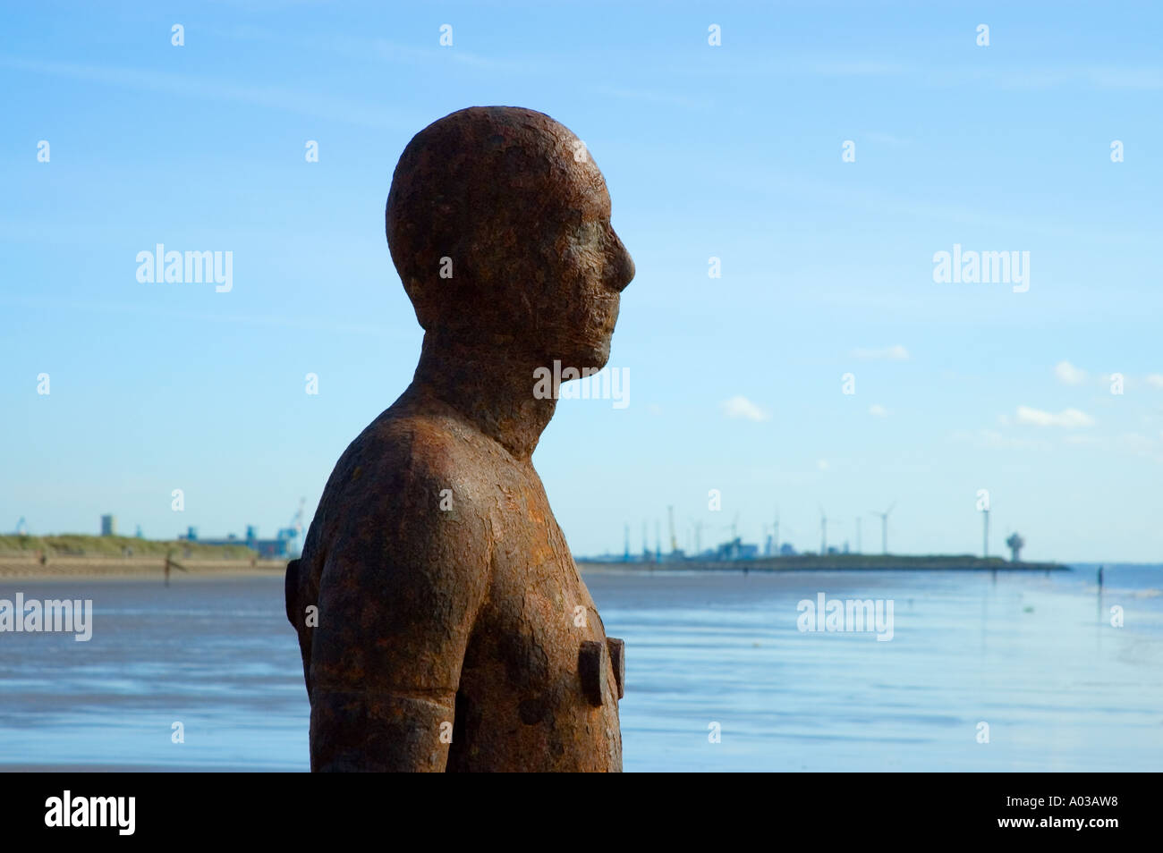 Close up profile of Antony Gormley statue at Crosby beach Liverpool
