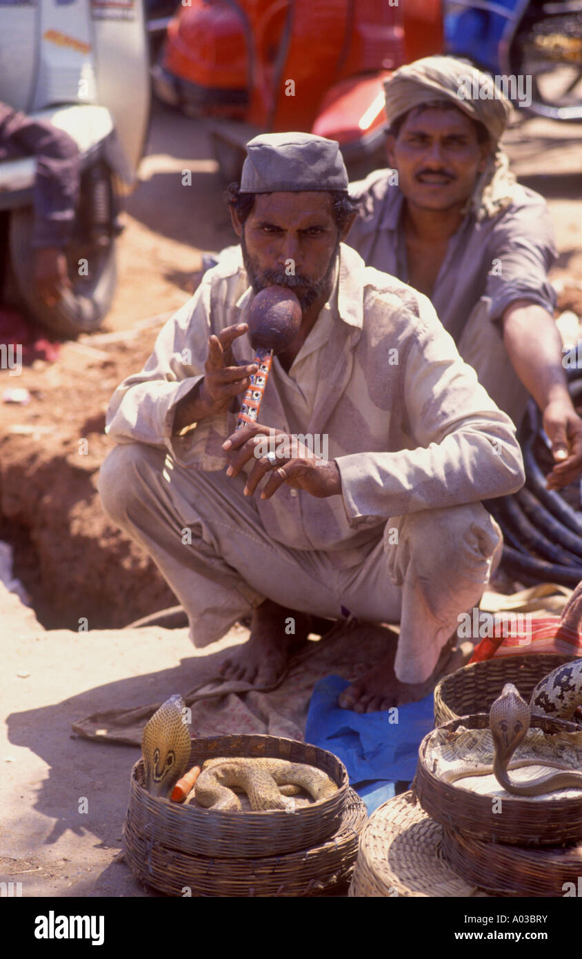 Goa -  Snake charmer at a market in the north Goan town of Mapusa Stock Photo