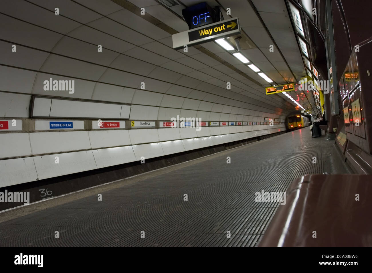 Train leaving the platform Moorfields Railway station on the Northern Line in Liverpool Merseyside UK Stock Photo