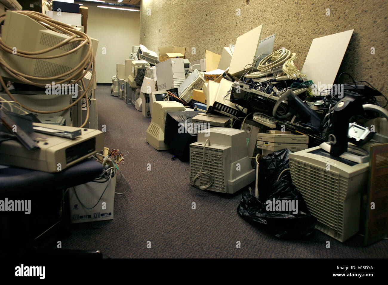 Redundant computer technology is stacked in a high rise office Stock Photo