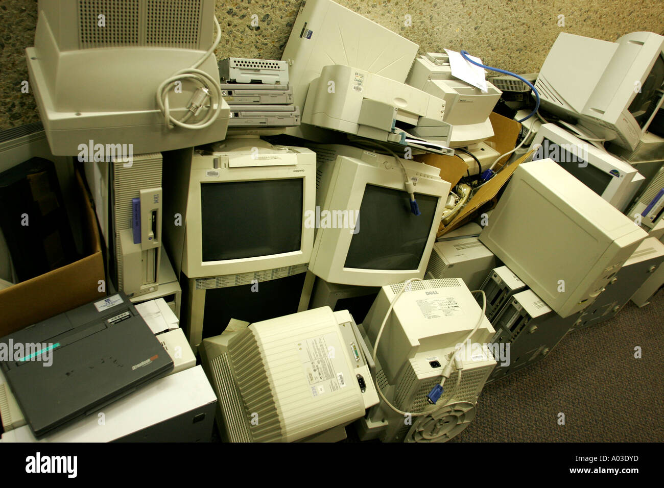 Redundant computer technology is stacked in a high rise office Stock Photo