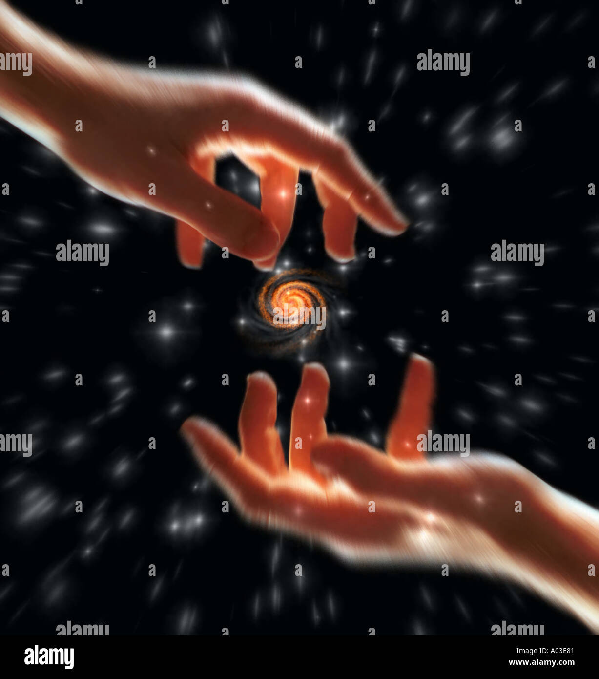 Hand inheriting galaxy to another hand Stock Photo