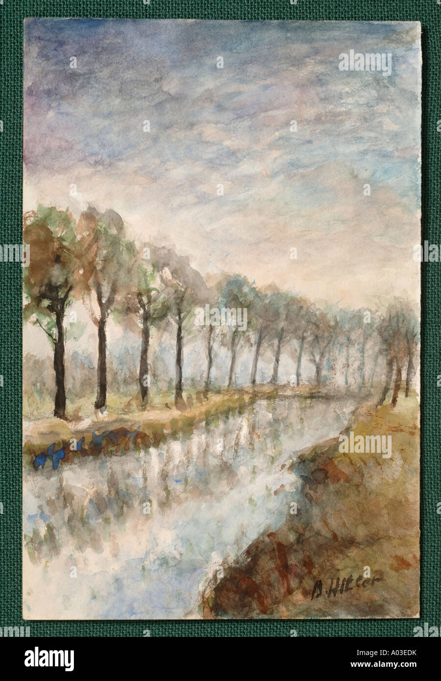 THE SAMBRE CANAL FROM THE BRIDGE AT OSS PART OF A COLLECTION OF OIL PAINTINGS 1914 1918 PURPORTED TO BE BY ADOLF HITLER Stock Photo
