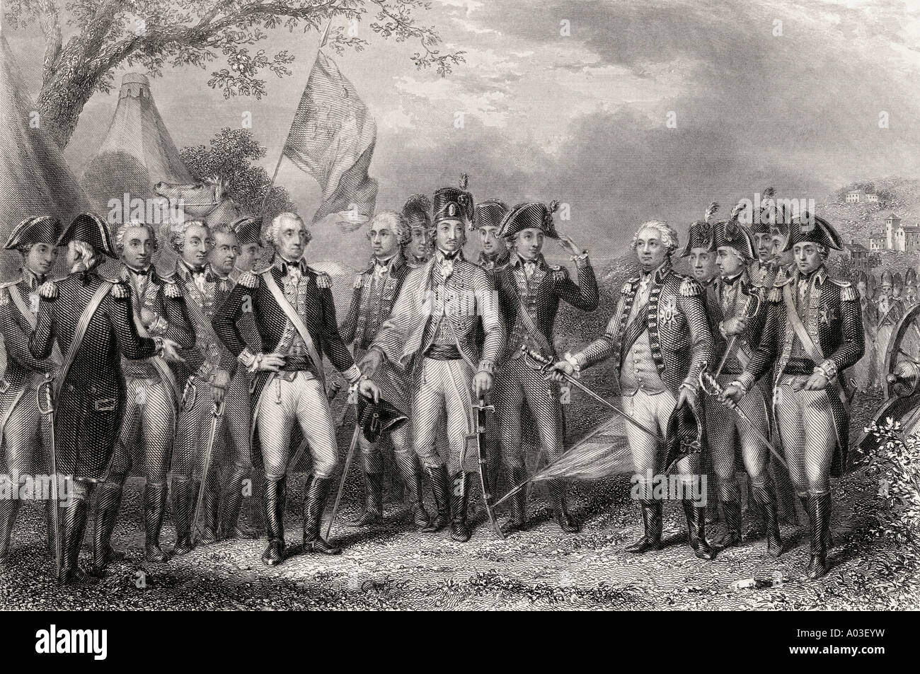 The British under the command of General Charles Cornwallis surrendering their arms to General Washington, 1781. Stock Photo