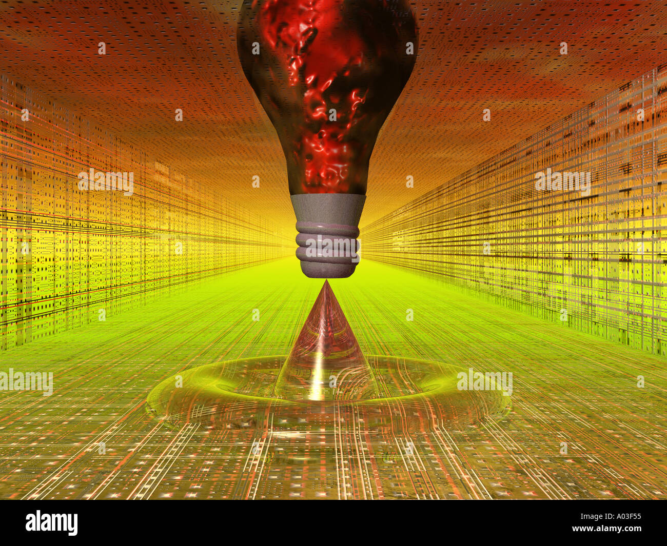 Cloud filled red light bulb in hi tech scene Stock Photo