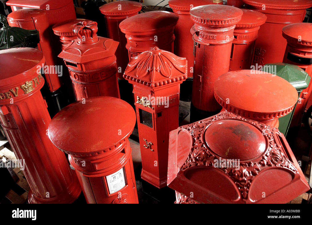 Historic pillar boxes in storage. Stock Photo