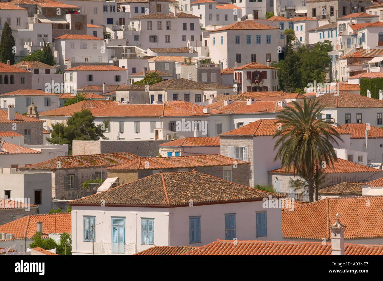 Detail of buildings in Hydra Town, Hydra. Stock Photo