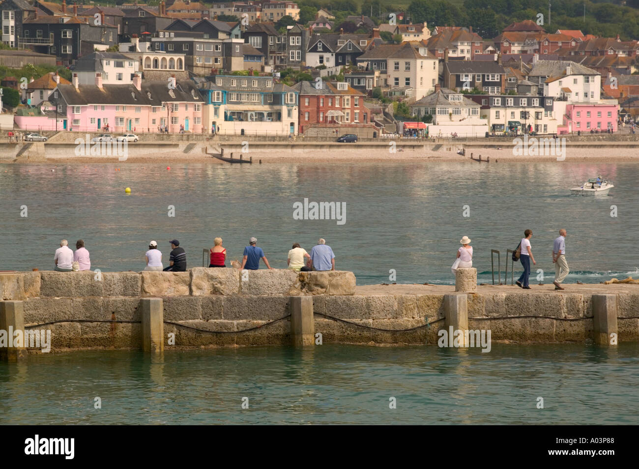 View of from Lyme Regis in Dorset from The Cobb. Stock Photo