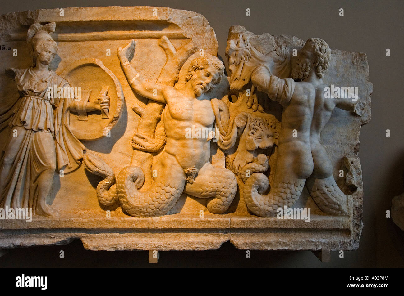 Relief depicting the struggle of Athena and the Gigantes, Aphrodisias Roman 2nd AD, Istanbul Archeology Museum Turkey. Stock Photo