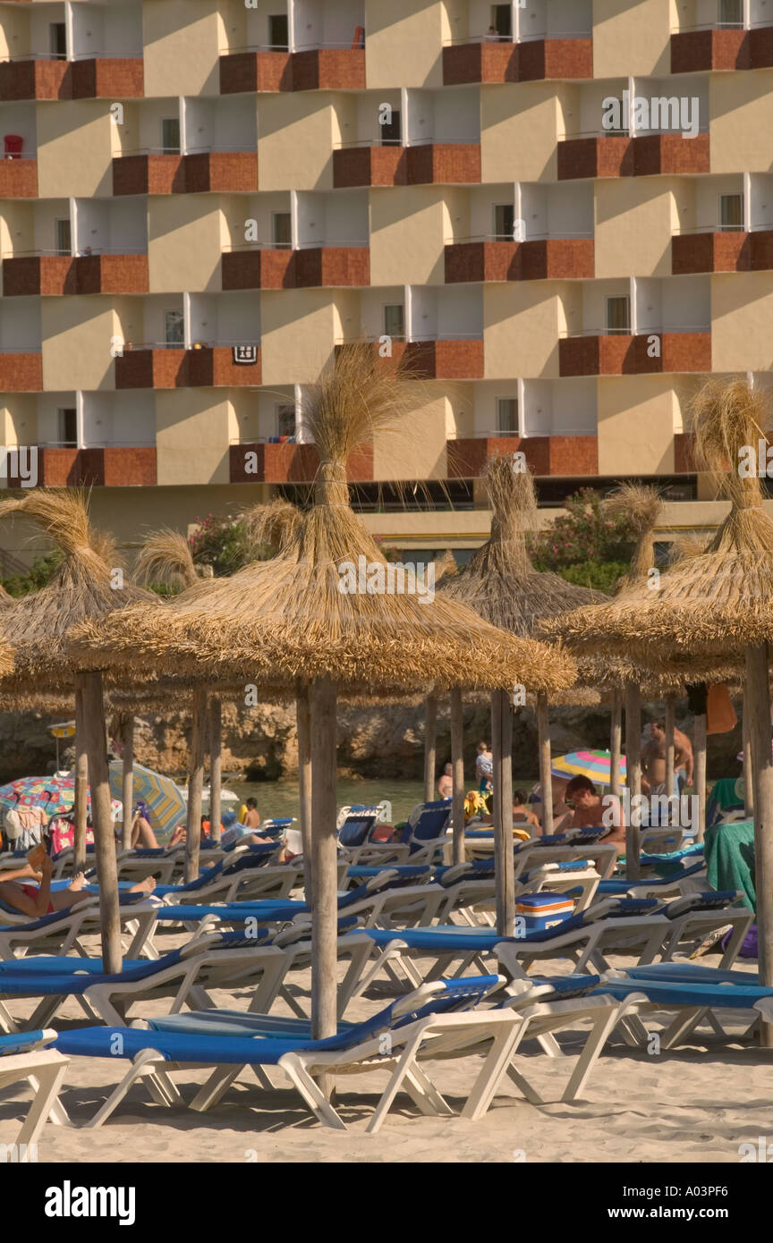 Sun loungers and parasols on the beach at Palma Nova on Mallorca. Stock Photo