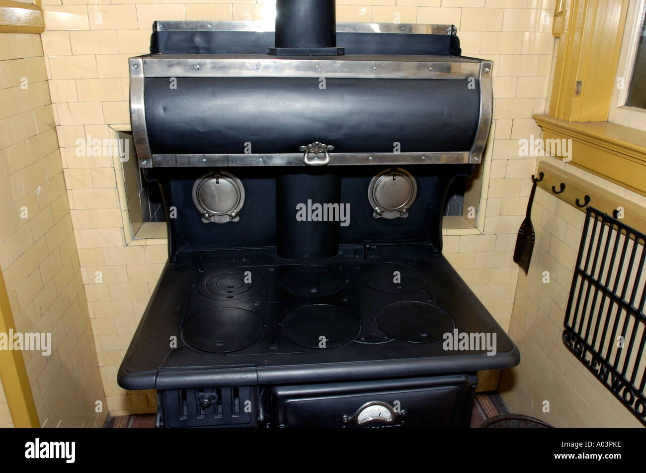 Antique stove inside kitchen of Winchester mystery house, San Jose