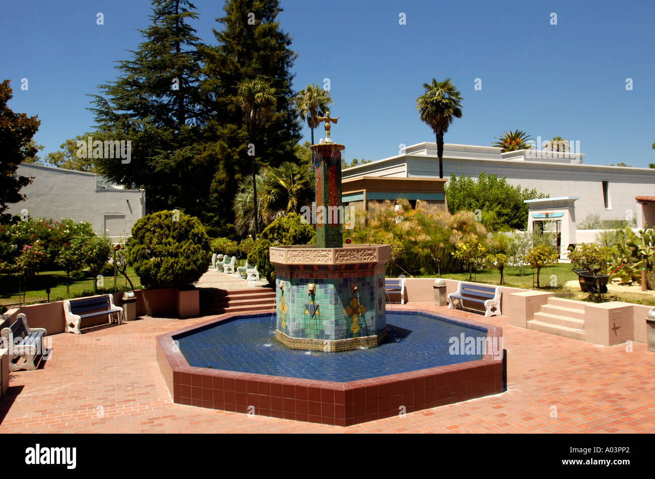 Fountain at Egyptian museum in Rosicrucian park, San Jose, California, USA Stock Photo Alamy