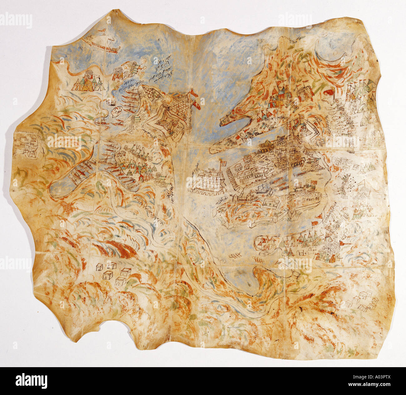 Chart depicting surrender of Malta in 1565 by Serdar Mustafa Pasha, 55x65 cm, sheepskin, Topkapi Palace Museum, Istanbul Turkey. Stock Photo