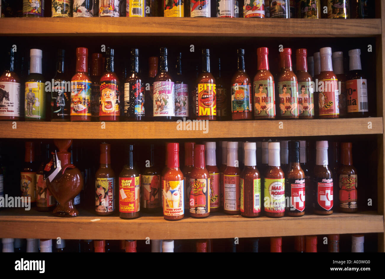 Bottles of hot pepper sauces French Quarter New Orleans USA Stock Photo