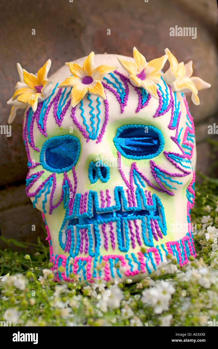 Elaborate Day of the Dead skull made of sugar Stock Photo