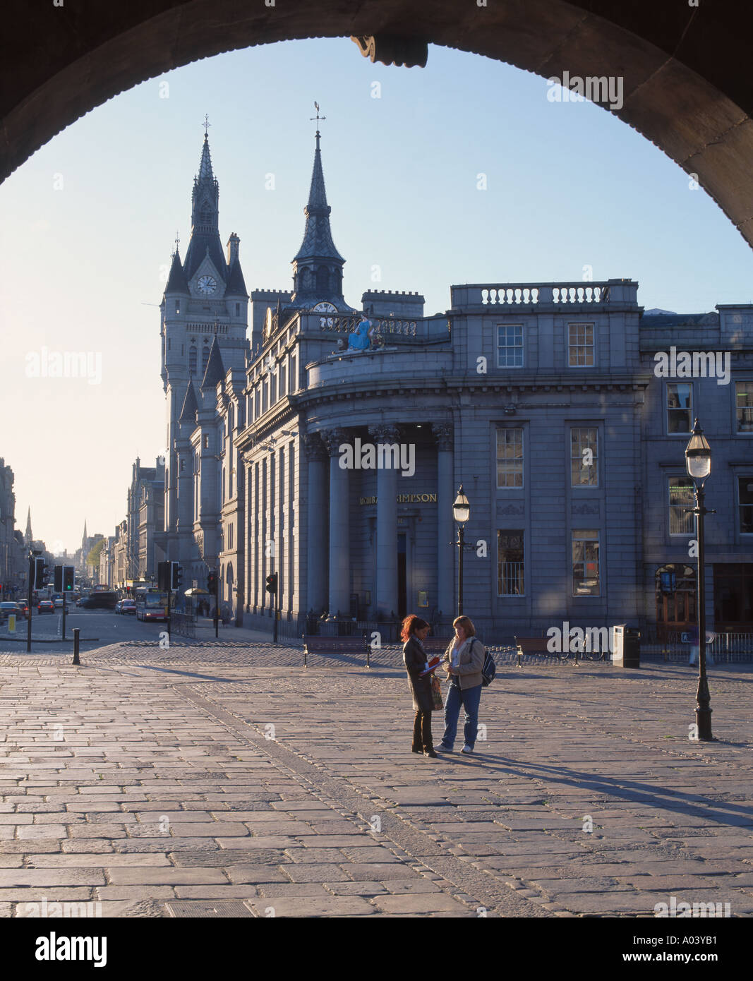 View from Castlegate along Union Street and to the Town House Clock Tower and Municipal Buildings in Aberdeen, Scotland, UK Stock Photo