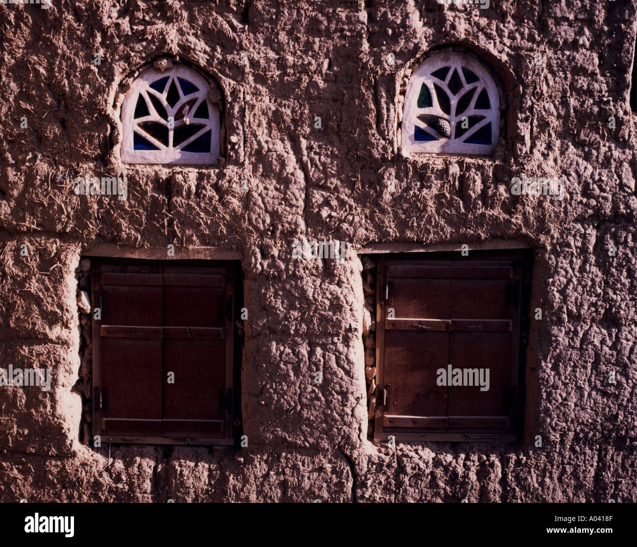 Yemen windows at a traditional loam house Stock Photo