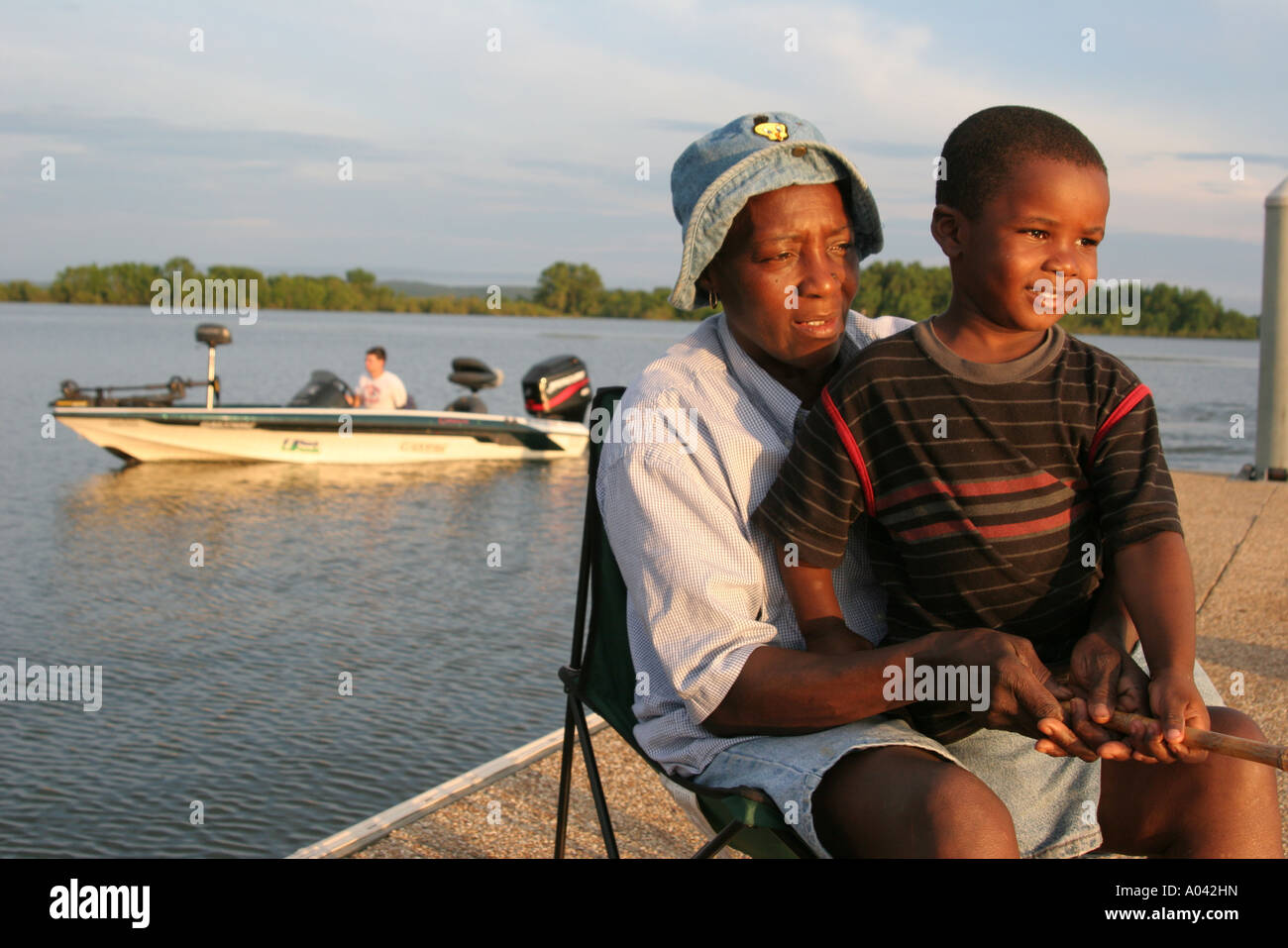 Alabama Eufaula,Lakepoint Resort State Park,Chattahoochee River water Black Blacks African Africans ethnic minority,grandmother,boy boys lad lads male Stock Photo