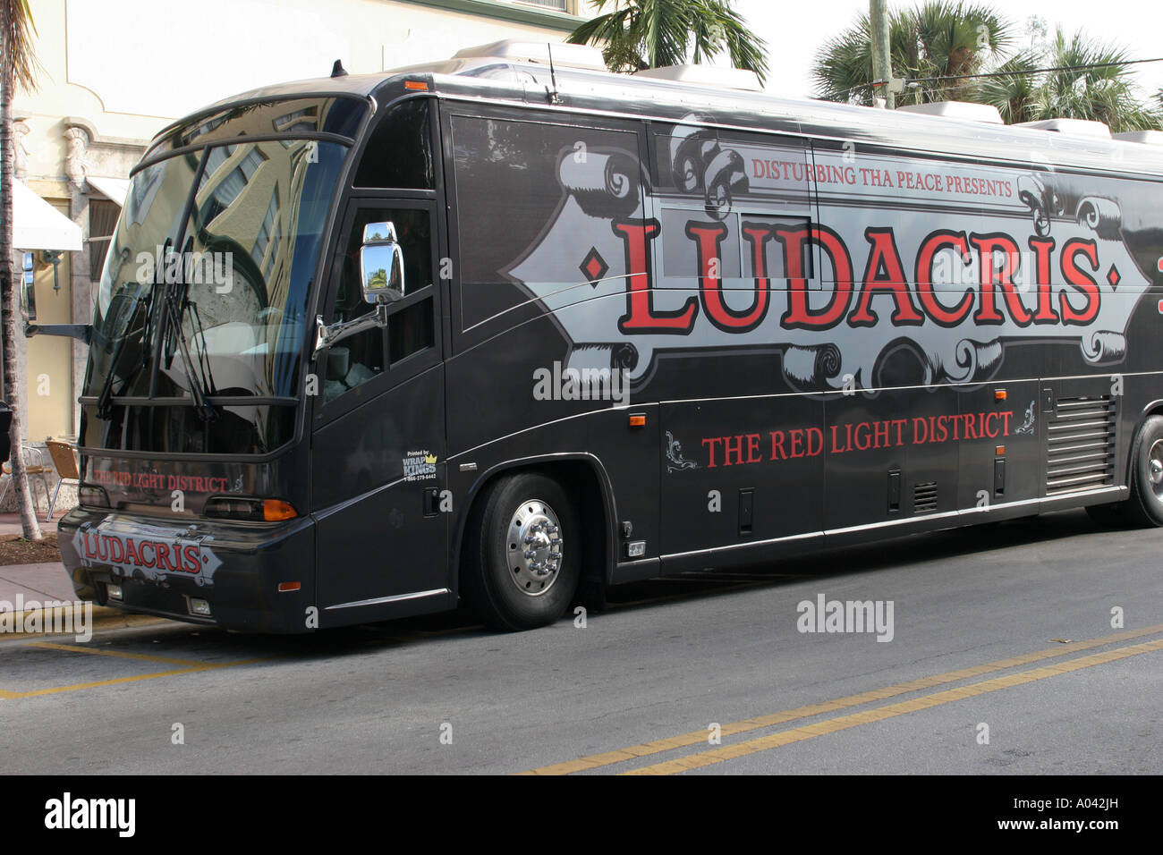 Miami Beach Florida,Lincoln Road mall,dining,entertainment,performance,show,Ludacris tour bus,coach,transportation,coach,vehicle,rap music star,visito Stock Photo