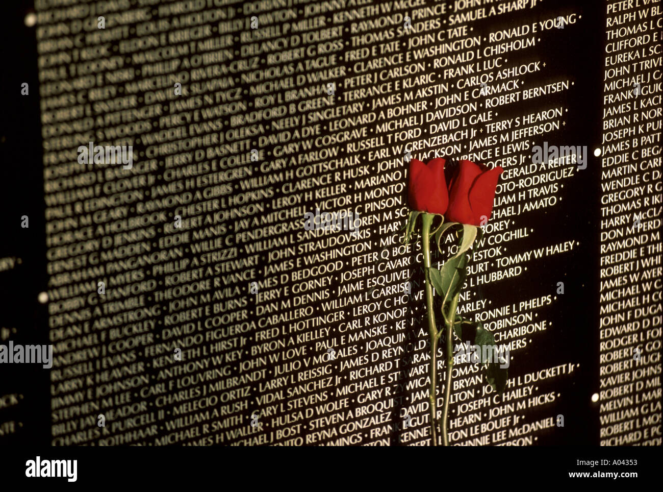 RED ROSE AGAINST VIETNAM MEMORIAL WALL Stock Photo