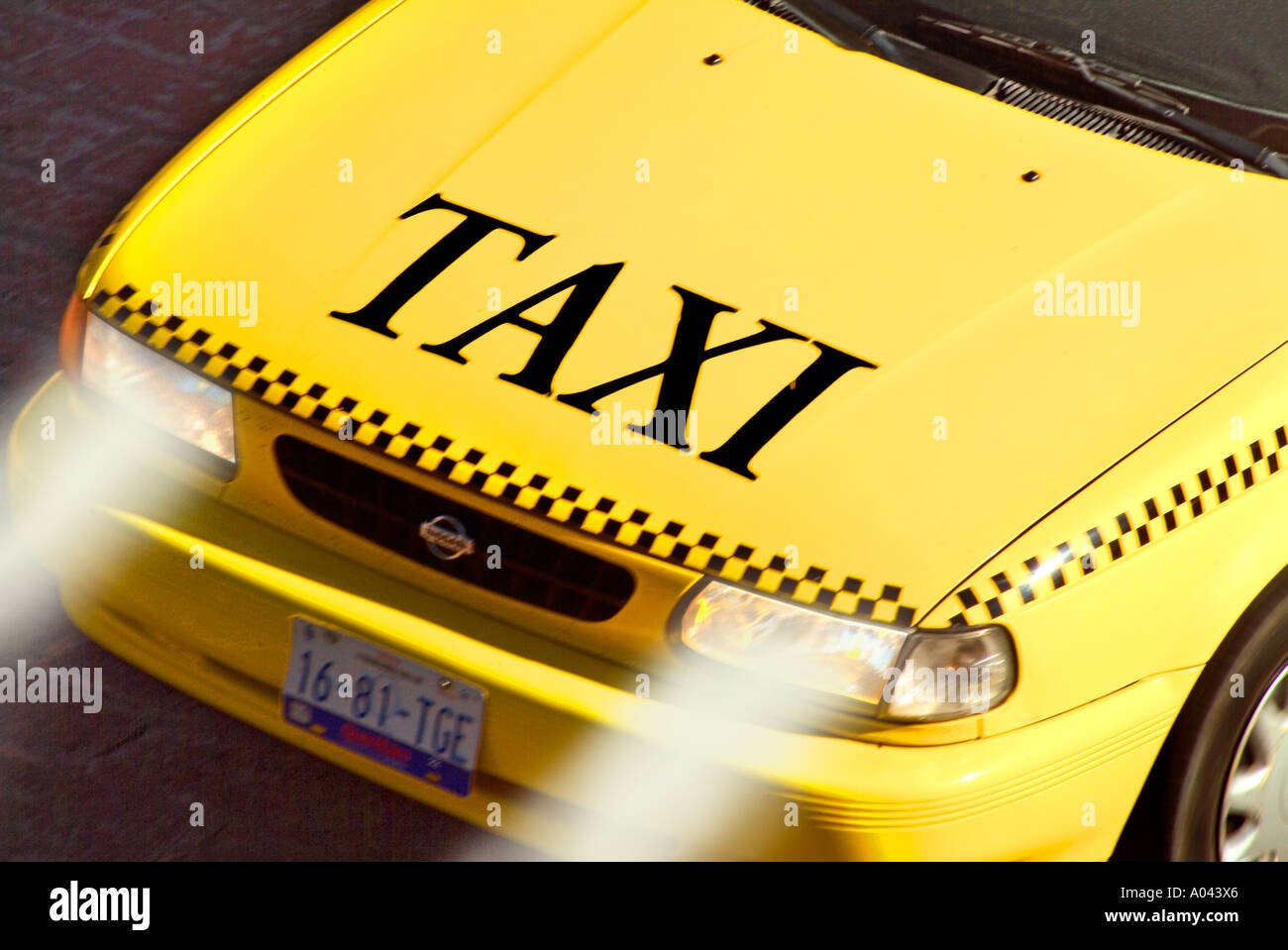 Hood of yellow taxi with head lights on Stock Photo