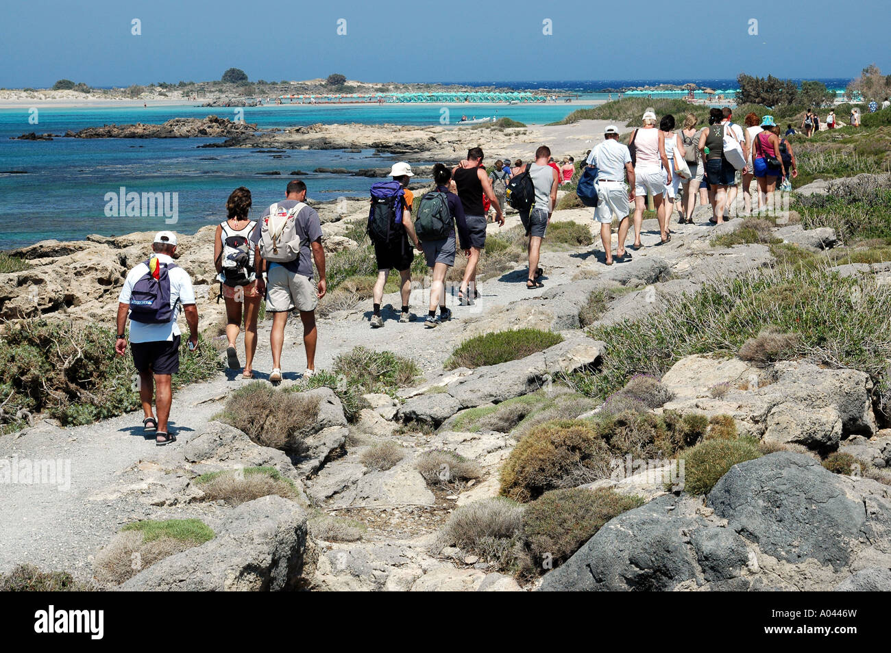 Tourists going to visit the beach of Elafonisi in the south-west of Crete, Greece Stock Photo
