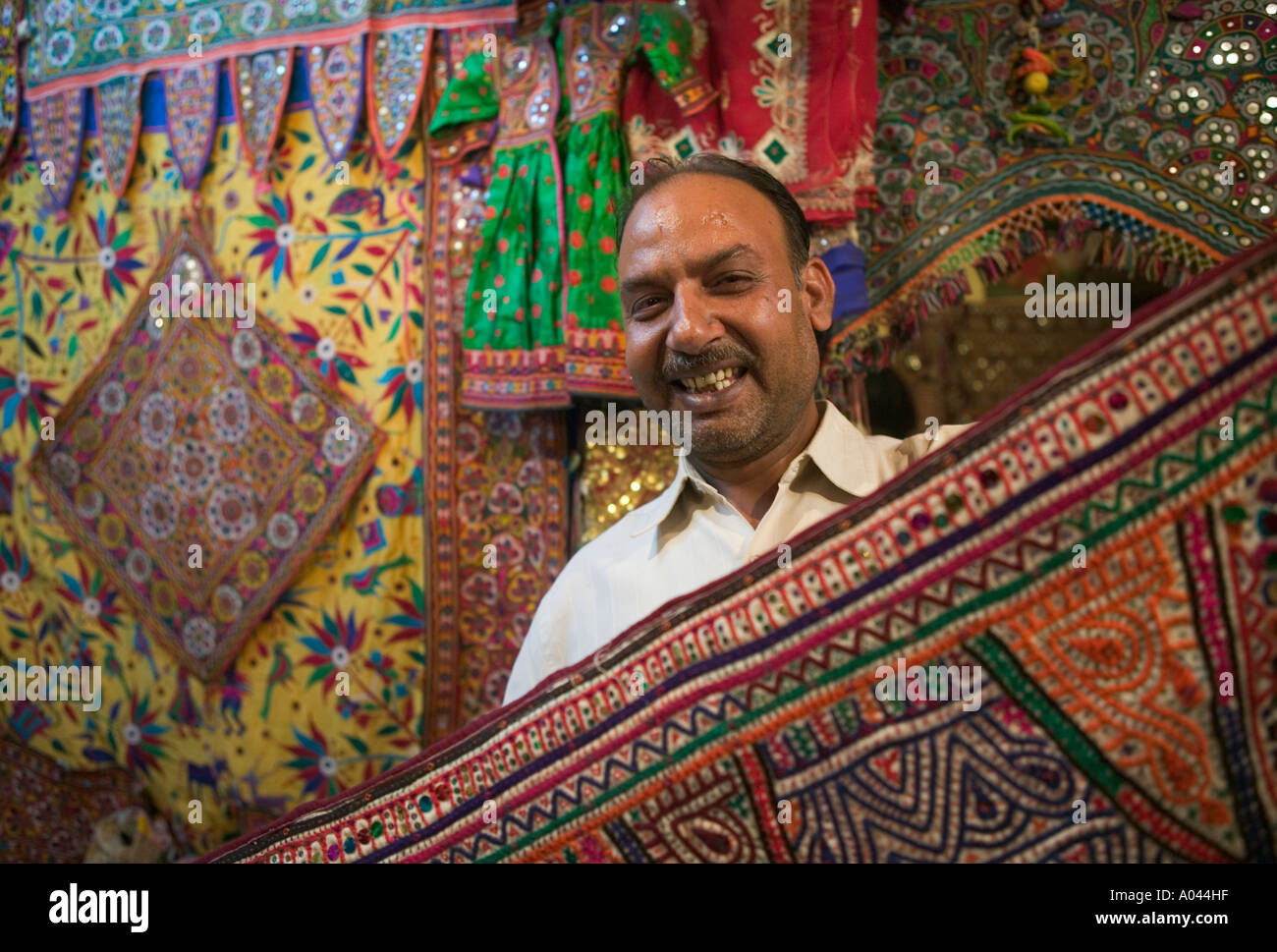 Rug Merchant, Pushkar, Rajasthan, India Stock Photo