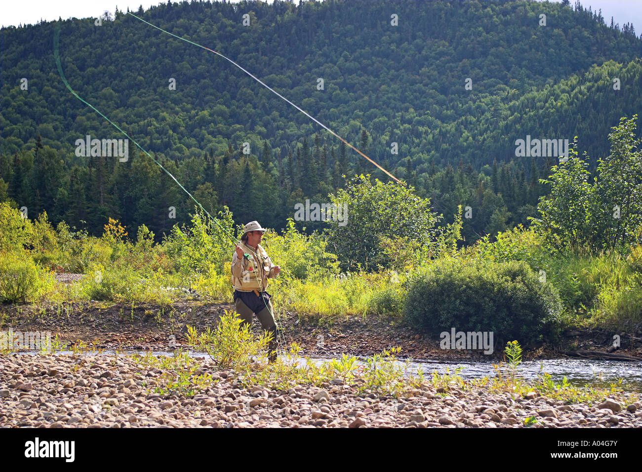 Flyfisherman fishing atlantic salmon in Ste-Marguerite river Quebec Canada. Stock Photo