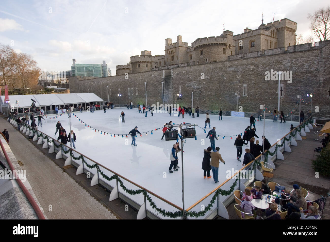 Ice Skating at The Tower of London, during the Christmas period Stock