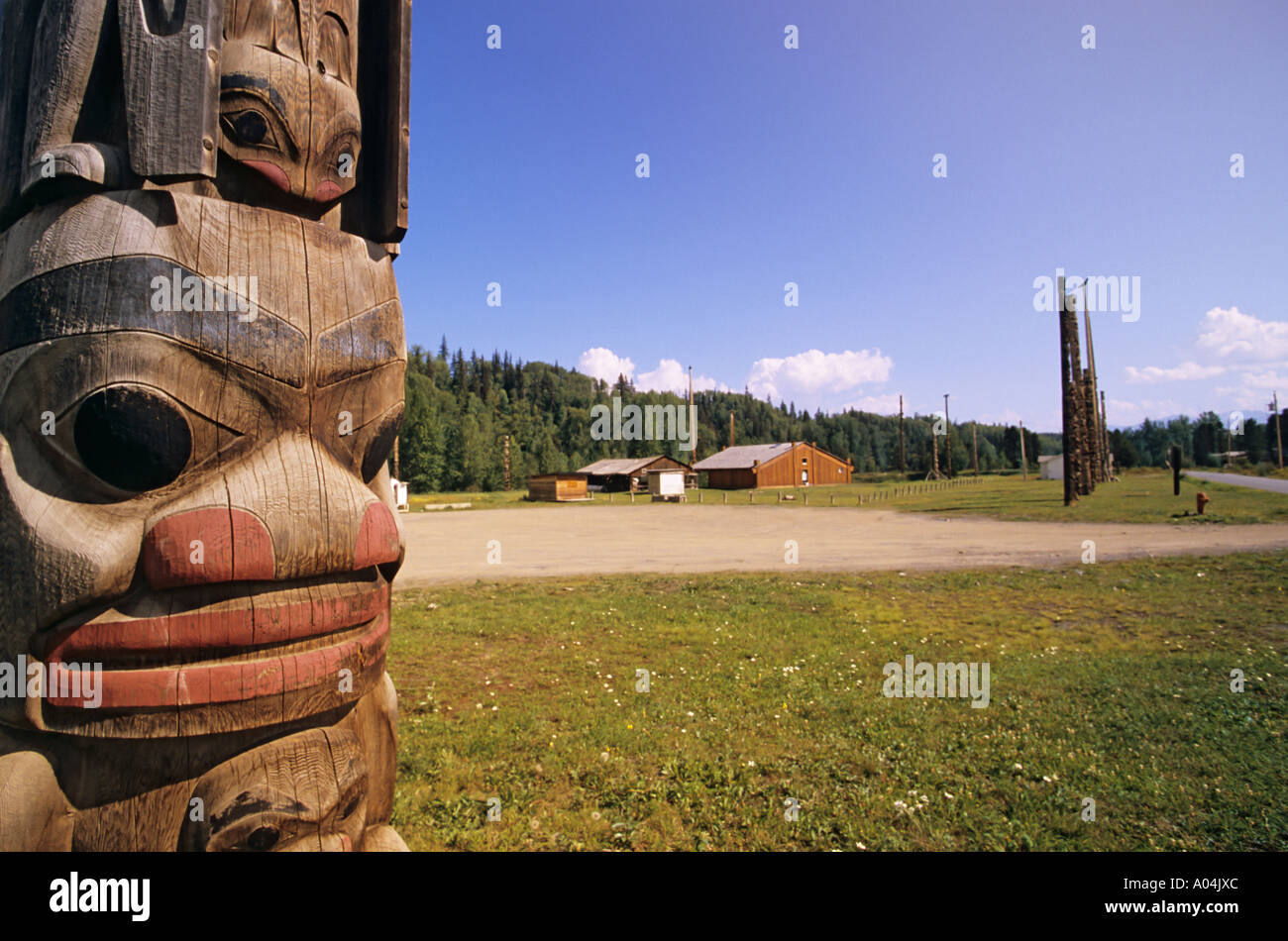 Totem poles at Gitanyow Kitwancool British Columbia Stock Photo